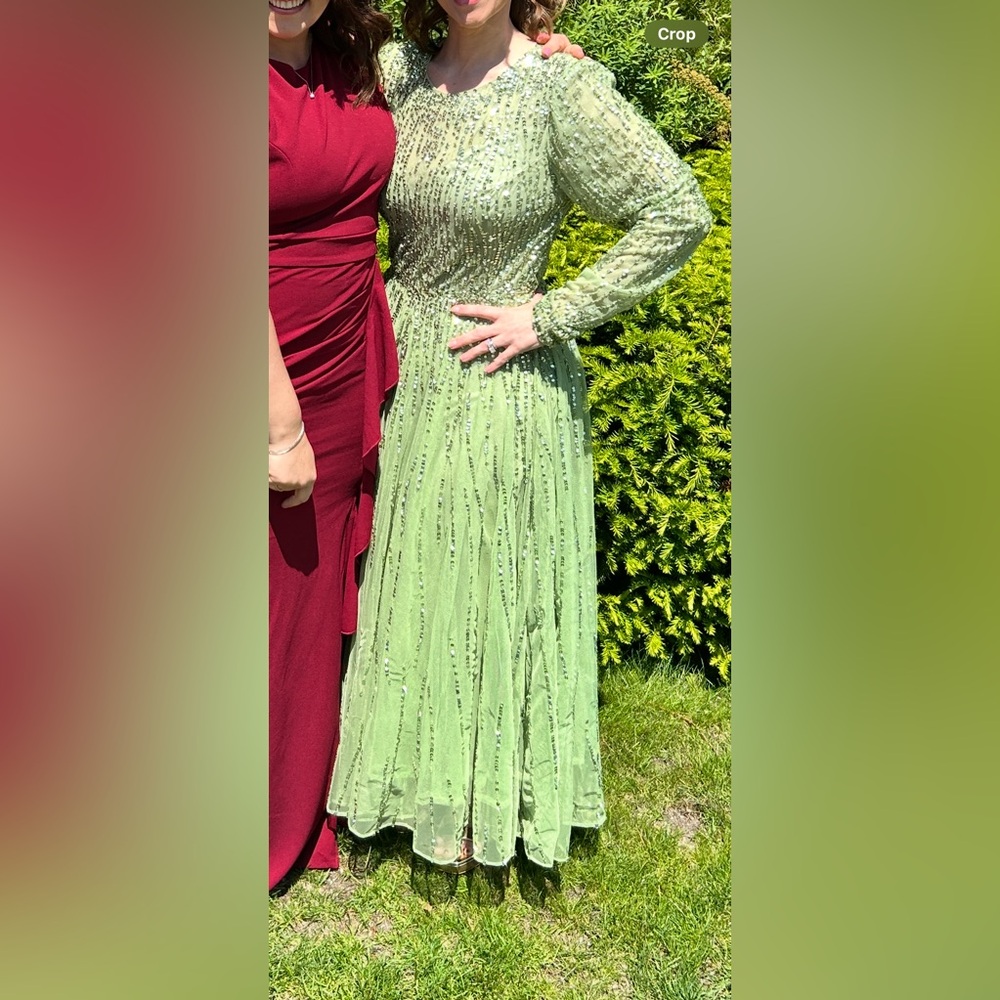 Mac Duggal Green Tiered Bishop Sleeve Gown - Picture 6 of 7